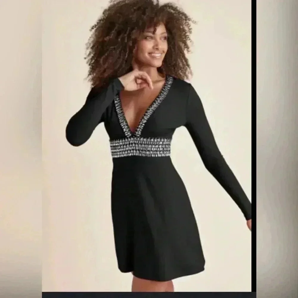 Women’s deep V embellished rhinestone dress with long sleeves